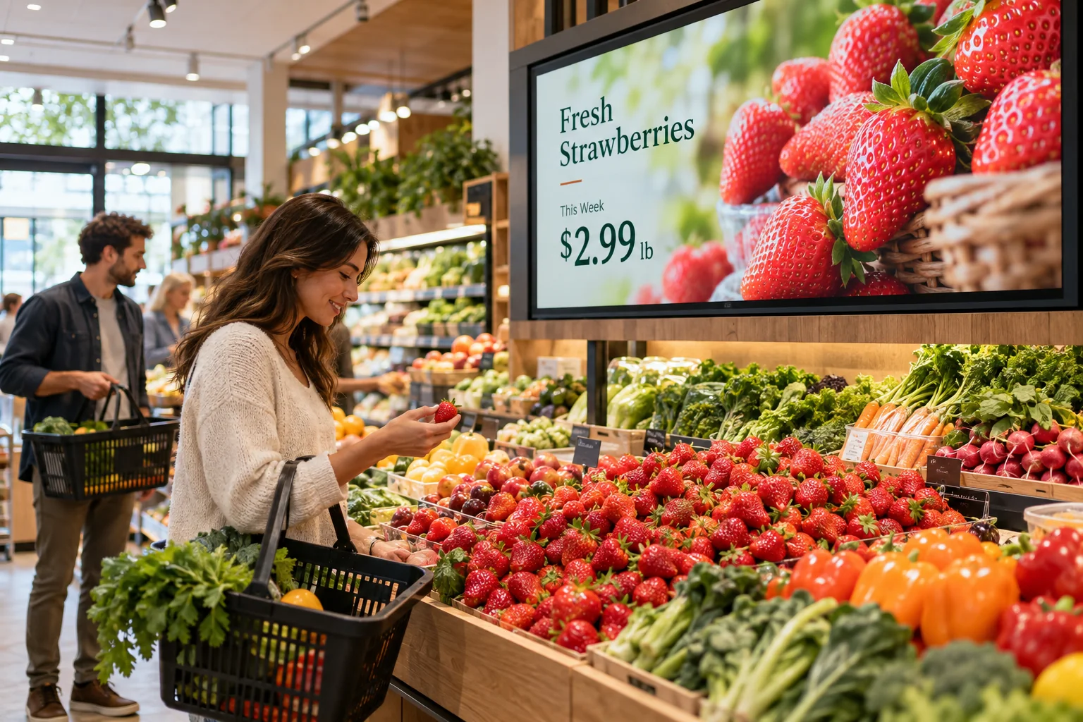 Grocery produce section with a digital screen featuring a fresh strawberry offer.