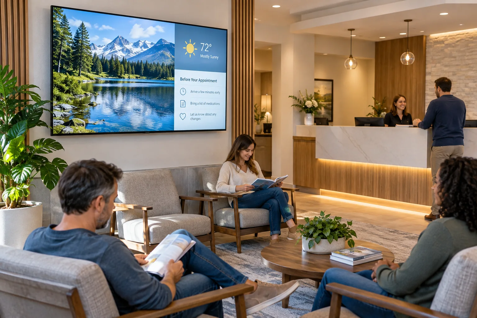 Dental office waiting room with patients and a digital display showing calming video and general practice information.