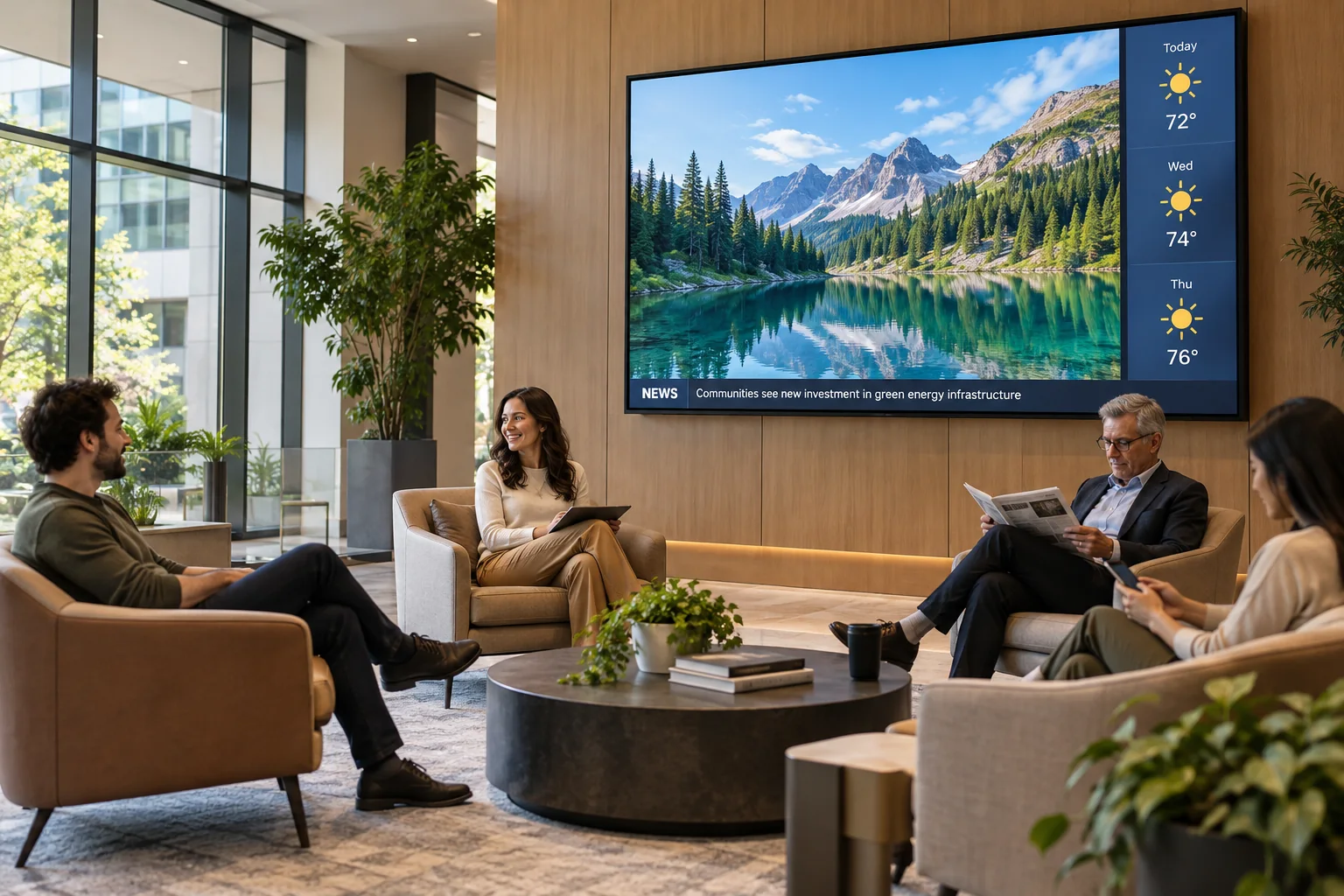 Comfortable waiting lounge with seated visitors and a screen showing nature video, weather, and news.