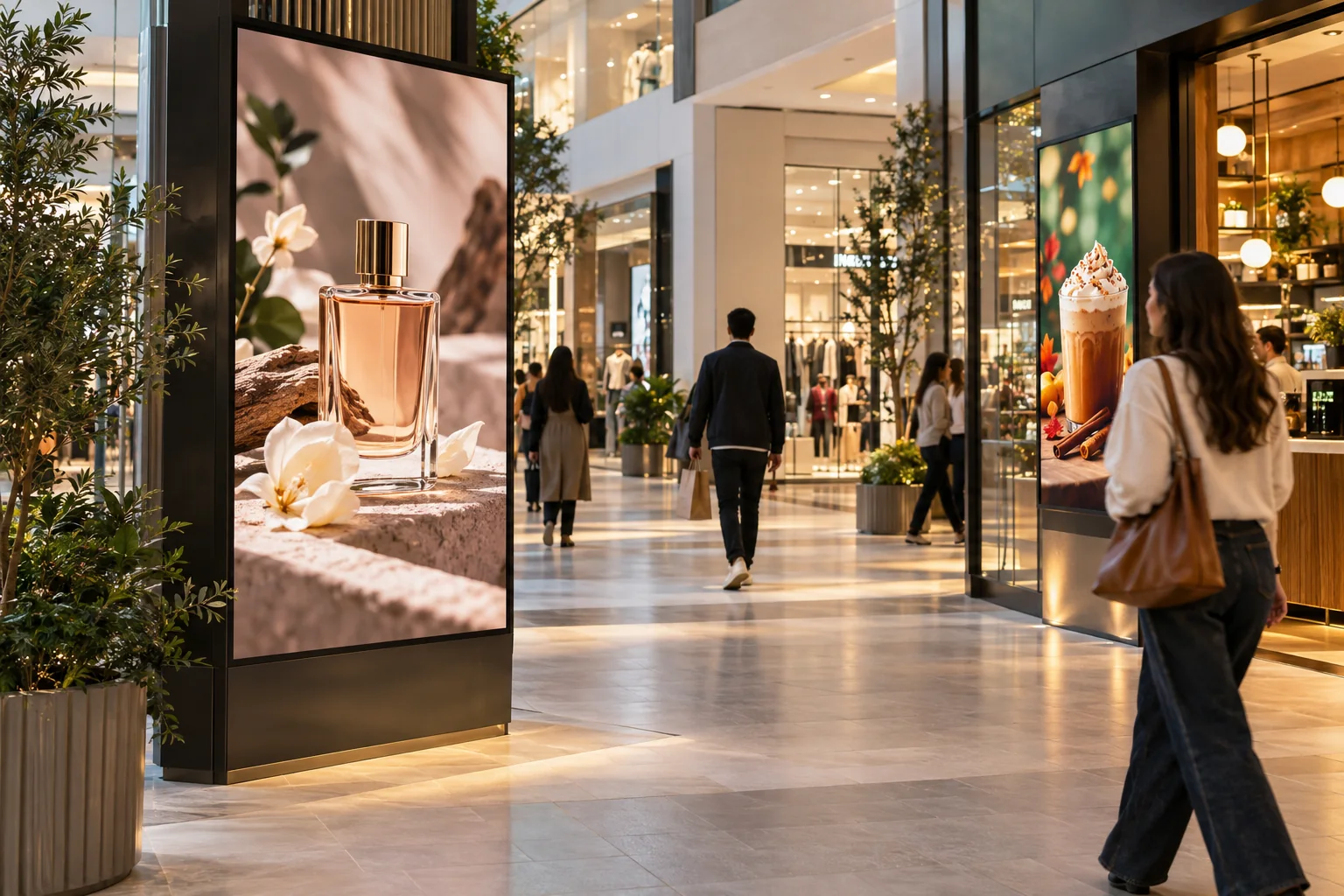 Indoor shopping concourse with portrait digital advertising displays showing fragrance and coffee campaigns.