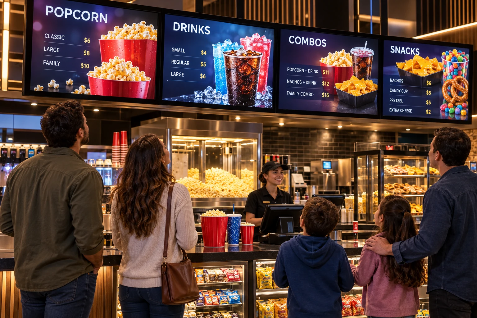 Customers choosing popcorn, drinks and snacks from digital menus at a cinema concession counter.