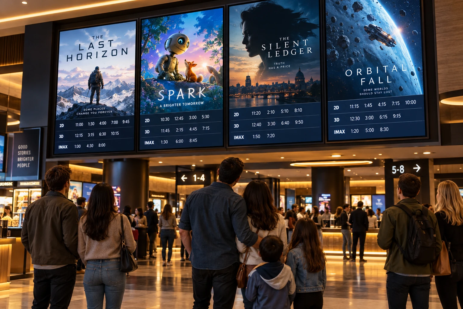Visitors looking at movie posters and showtimes across several digital screens in a cinema lobby.