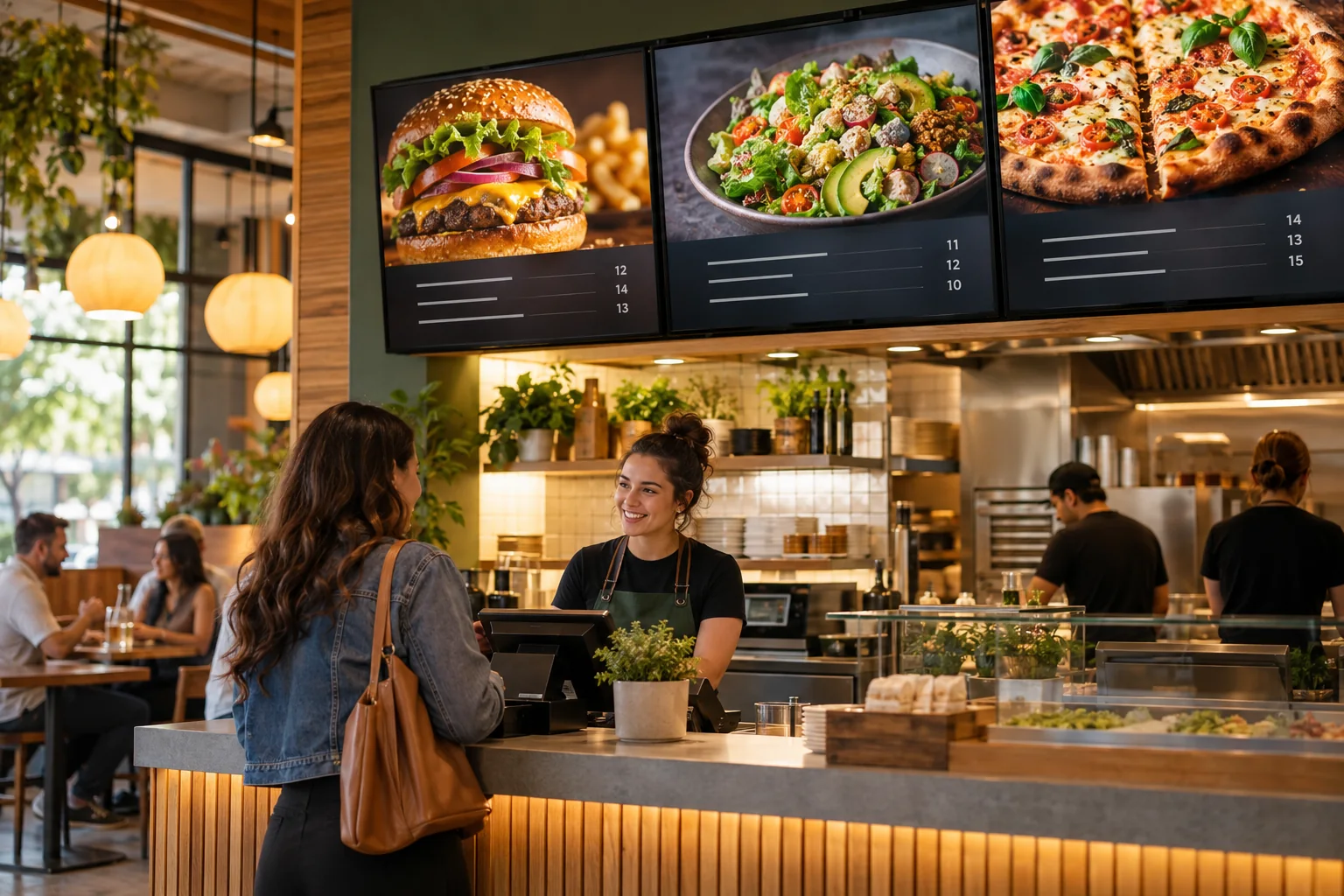 Restaurant counter with digital menu screens featuring burgers, salads, and pizza.