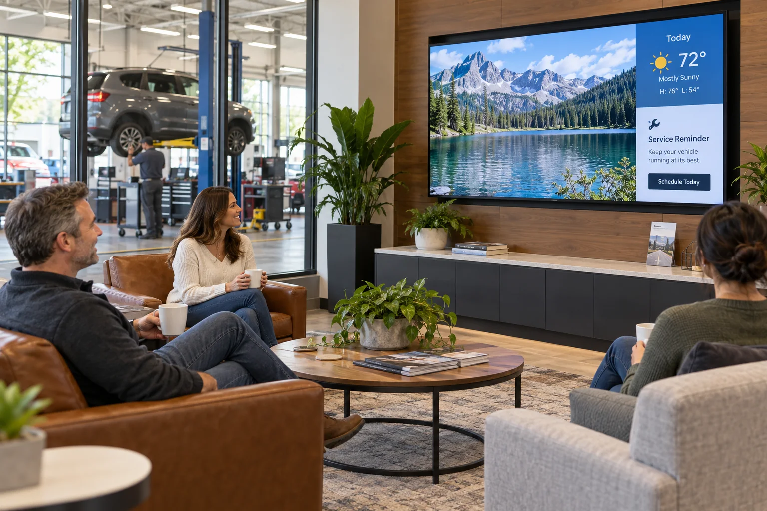 Dealership service lounge with seated customers, a digital information screen, and a view into the workshop.